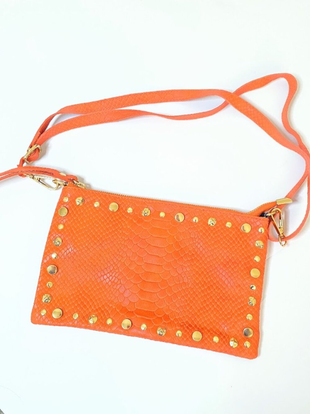 Genuine Leather Borse in Pelle Made in Italy Orange Studded Python Crossbody Bag